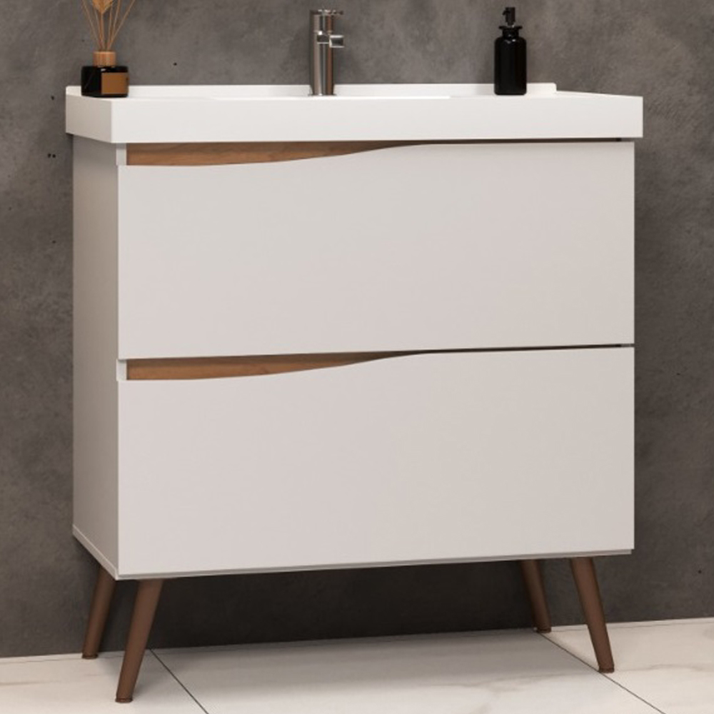 Balcão Gabinete Para Banheiro Com Pés e Lavatório 80cm Evie B06 Branco Tau - Lyam Decor