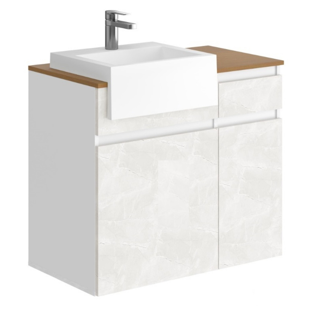 Balcão Gabinete Para Banheiro Suspenso 80cm Moira B06 Branco Cristal Noce Amêndoa - Lyam Decor