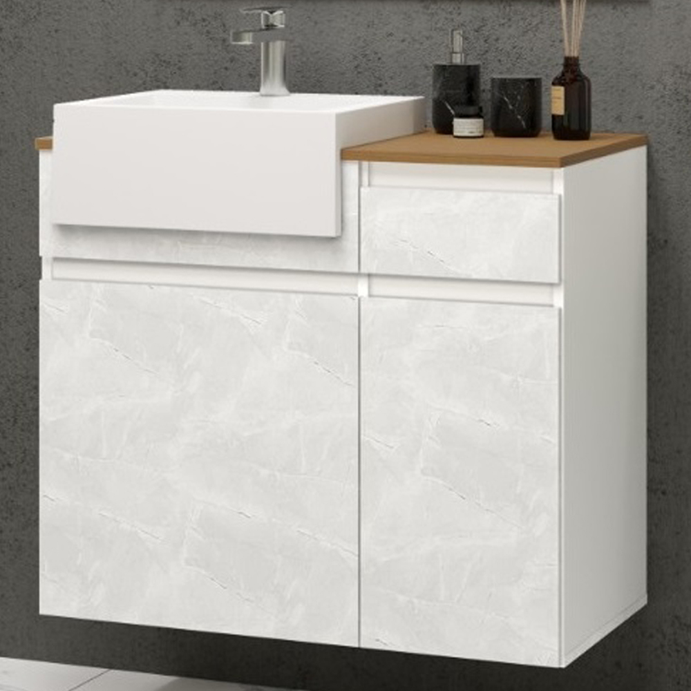 Balcão Gabinete Para Banheiro Suspenso 80cm Moira B06 Branco Cristal Noce Amêndoa - Lyam Decor