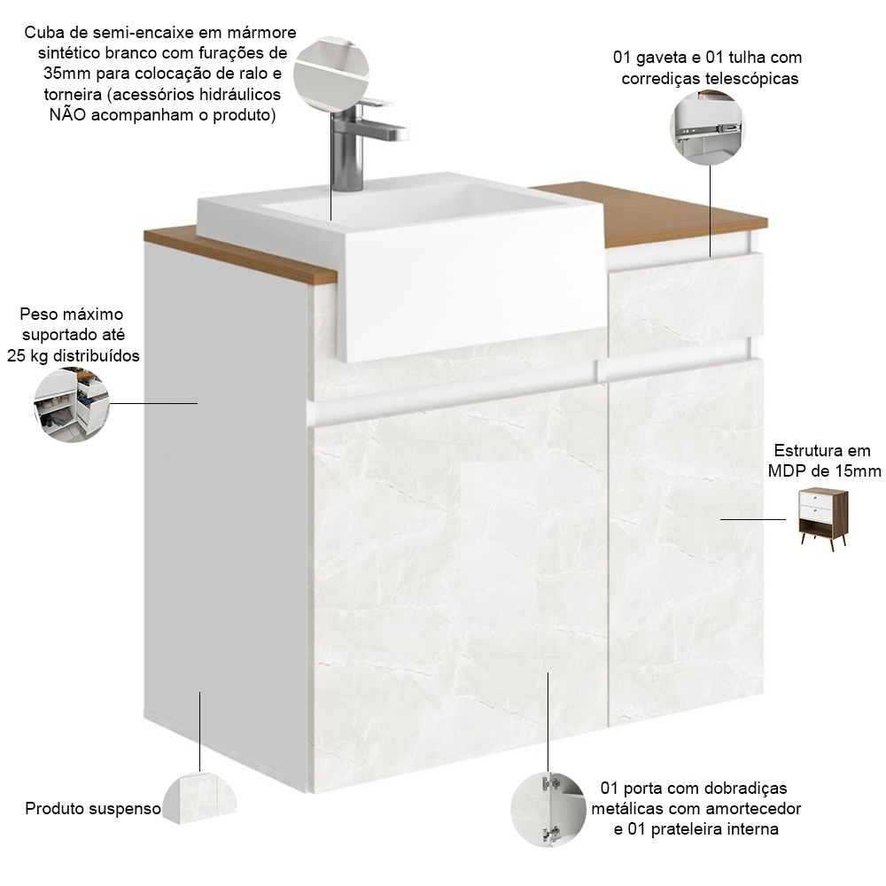 Balcão Gabinete Para Banheiro Suspenso 80cm Moira B06 Branco Cristal Noce Amêndoa - Lyam Decor