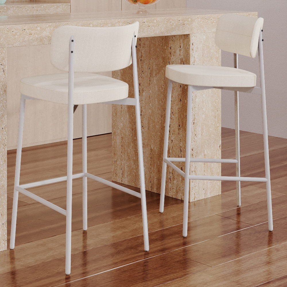 Banqueta Alta Bar Cozinha Sala De Jantar Aço Branco Kaira C01 Linho Palha - Lyam Decor
