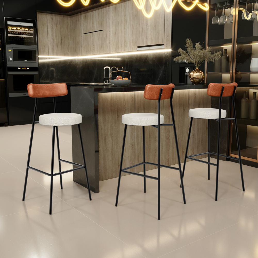 Banqueta Alta Bar Cozinha Sala De Jantar Aço Milão L02 Couríssimo Camel Linho Champagne - Lyam Decor