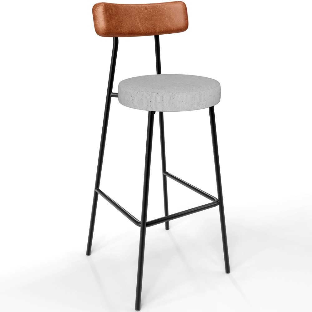 Banqueta Alta Bar Cozinha Sala De Jantar Aço Milão L02 Couríssimo Camel Linho Cinza - Lyam Decor