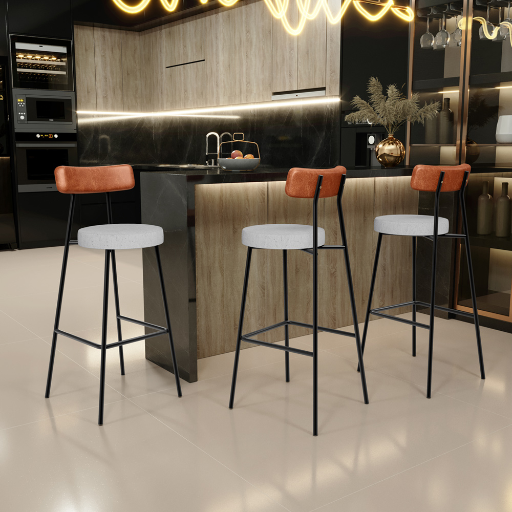 Banqueta Alta Bar Cozinha Sala De Jantar Aço Milão L02 Couríssimo Camel Linho Cinza - Lyam Decor