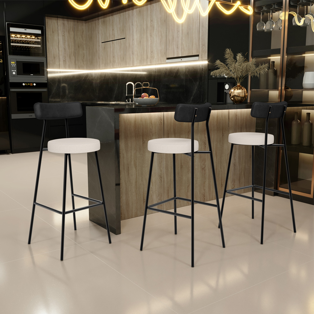 Banqueta Alta Bar Cozinha Sala De Jantar Em Aço Milão L02 Couríssimo Preto Linho Cru - Lyam Decor