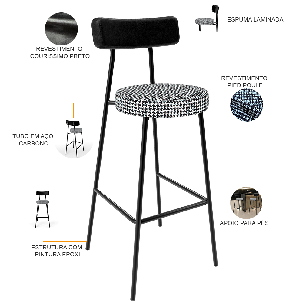 Banqueta Alta Bar Cozinha Sala De Jantar Em Aço Milão L02 Couríssimo Preto Pied Poule - Lyam Decor