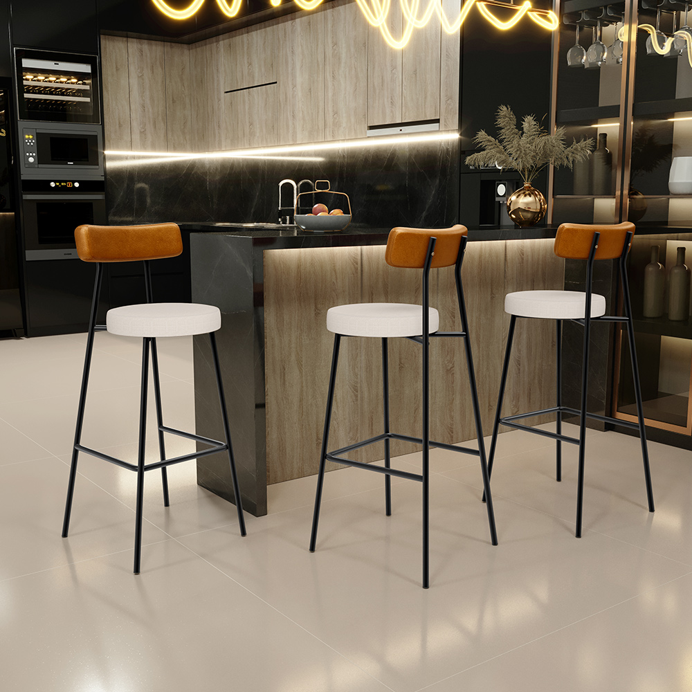 Banqueta Alta Bar Cozinha Sala De Jantar Em Aço Milão L02 Couríssimo Whisky Linho Cru - Lyam Decor