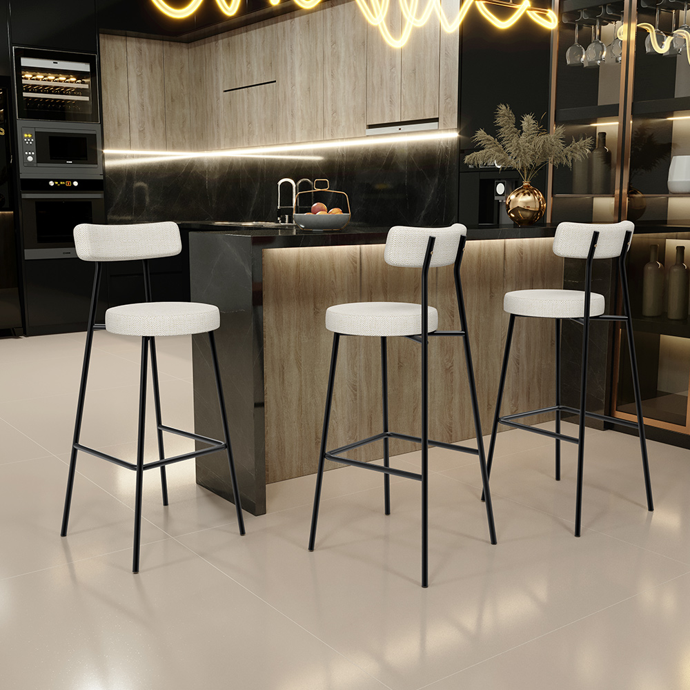 Banqueta Alta Bar Cozinha Sala De Jantar Em Aço Milão L02 Linho Champagne - Lyam Decor