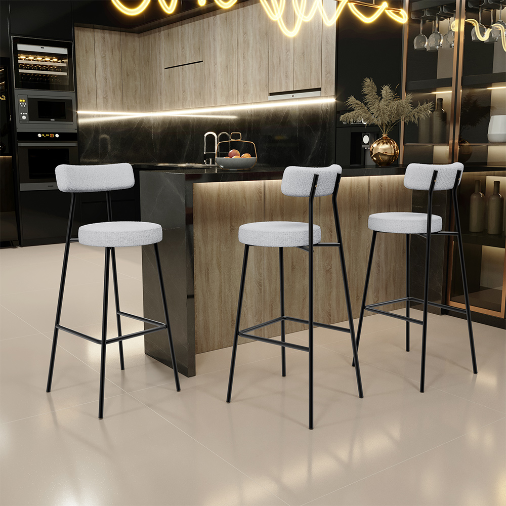 Banqueta Alta Bar Cozinha Sala De Jantar Estrutura Em Aço Milão L02 Bouclê Cinza - Lyam Decor