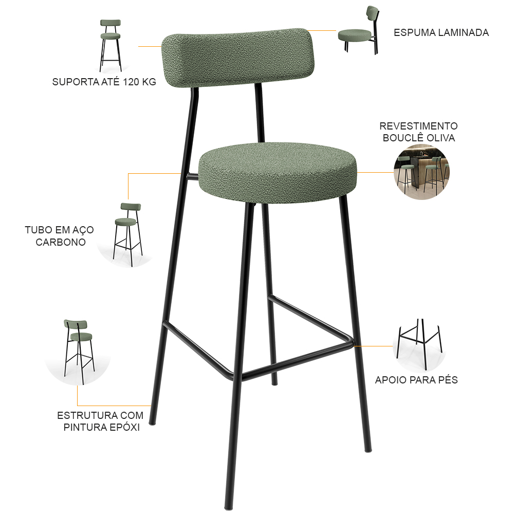 Banqueta Alta Bar Cozinha Sala De Jantar Estrutura Em Aço Milão L02 Bouclê Oliva - Lyam Decor