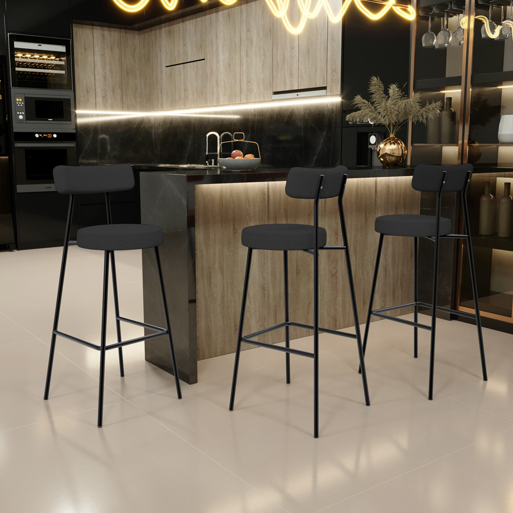 Banqueta Alta Bar Cozinha Sala De Jantar Estrutura Em Aço Milão L02 Bouclê Preto - Lyam Decor