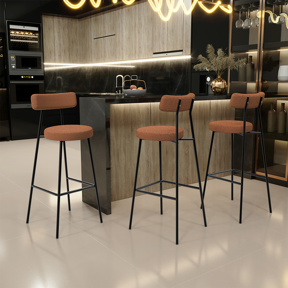 Banqueta Alta Bar Cozinha Sala De Jantar Estrutura Em Aço Milão L02 Bouclê Terracota - Lyam Decor