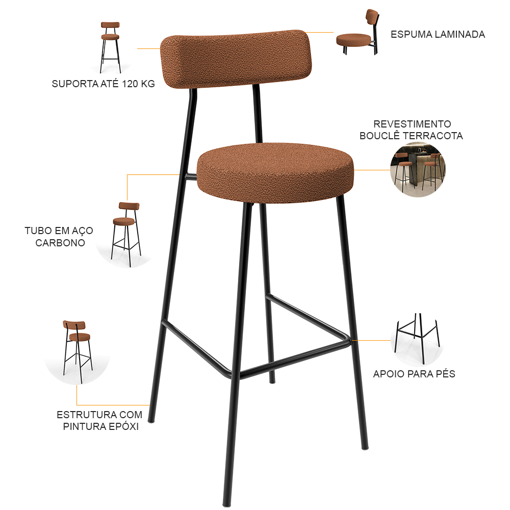 Banqueta Alta Bar Cozinha Sala De Jantar Estrutura Em Aço Milão L02 Bouclê Terracota - Lyam Decor