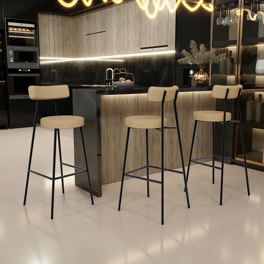 Banqueta Alta Bar Cozinha Sala De Jantar Estrutura Em Aço Milão L02 Linho Bege Escuro - Lyam Decor