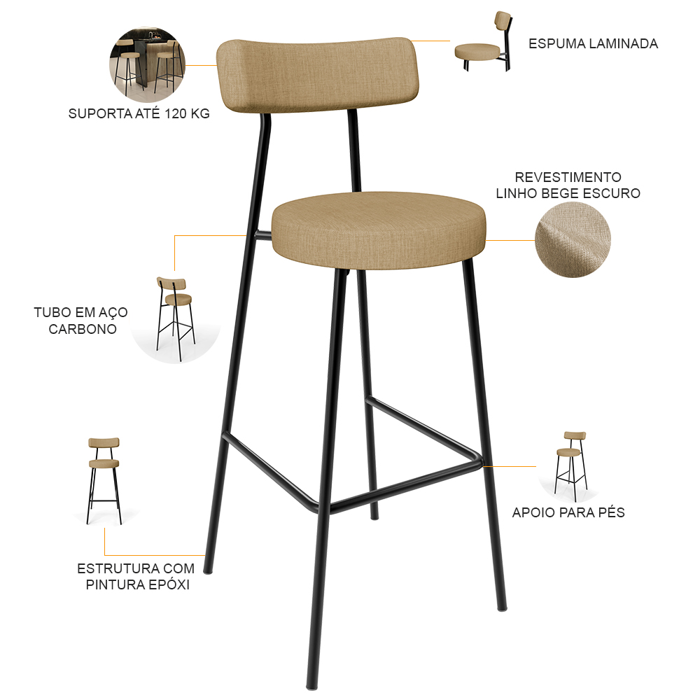 Banqueta Alta Bar Cozinha Sala De Jantar Estrutura Em Aço Milão L02 Linho Bege Escuro - Lyam Decor