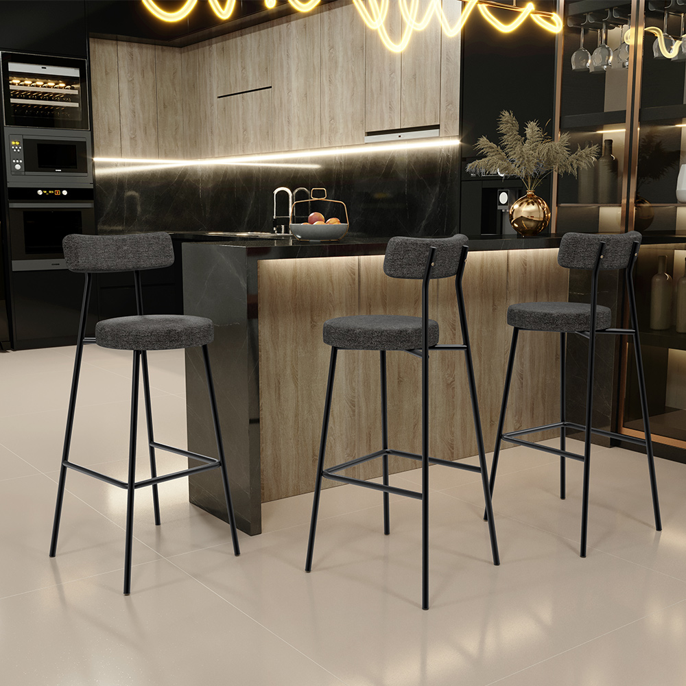 Banqueta Alta Bar Cozinha Sala De Jantar Estrutura Em Aço Milão L02 Linho Chumbo - Lyam Decor