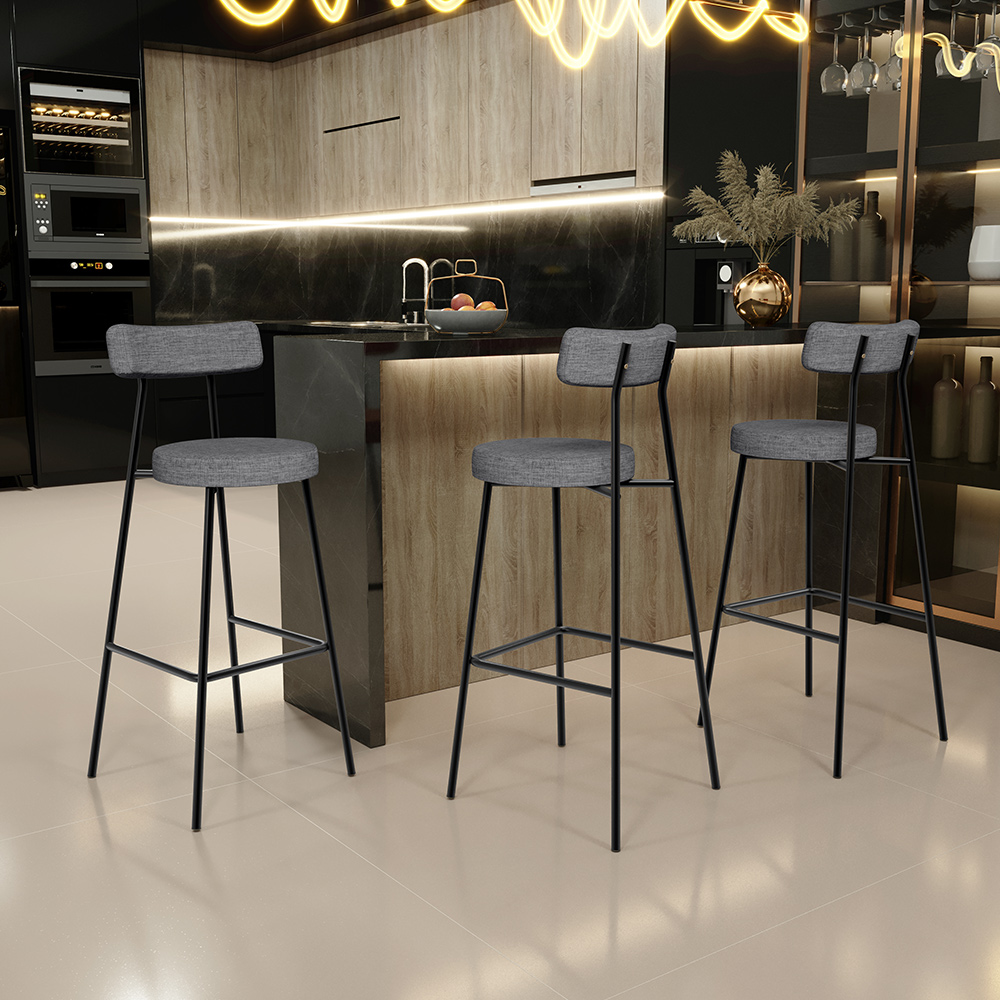 Banqueta Alta Bar Cozinha Sala De Jantar Estrutura Em Aço Milão L02 Linho Cinza Escuro - Lyam Decor