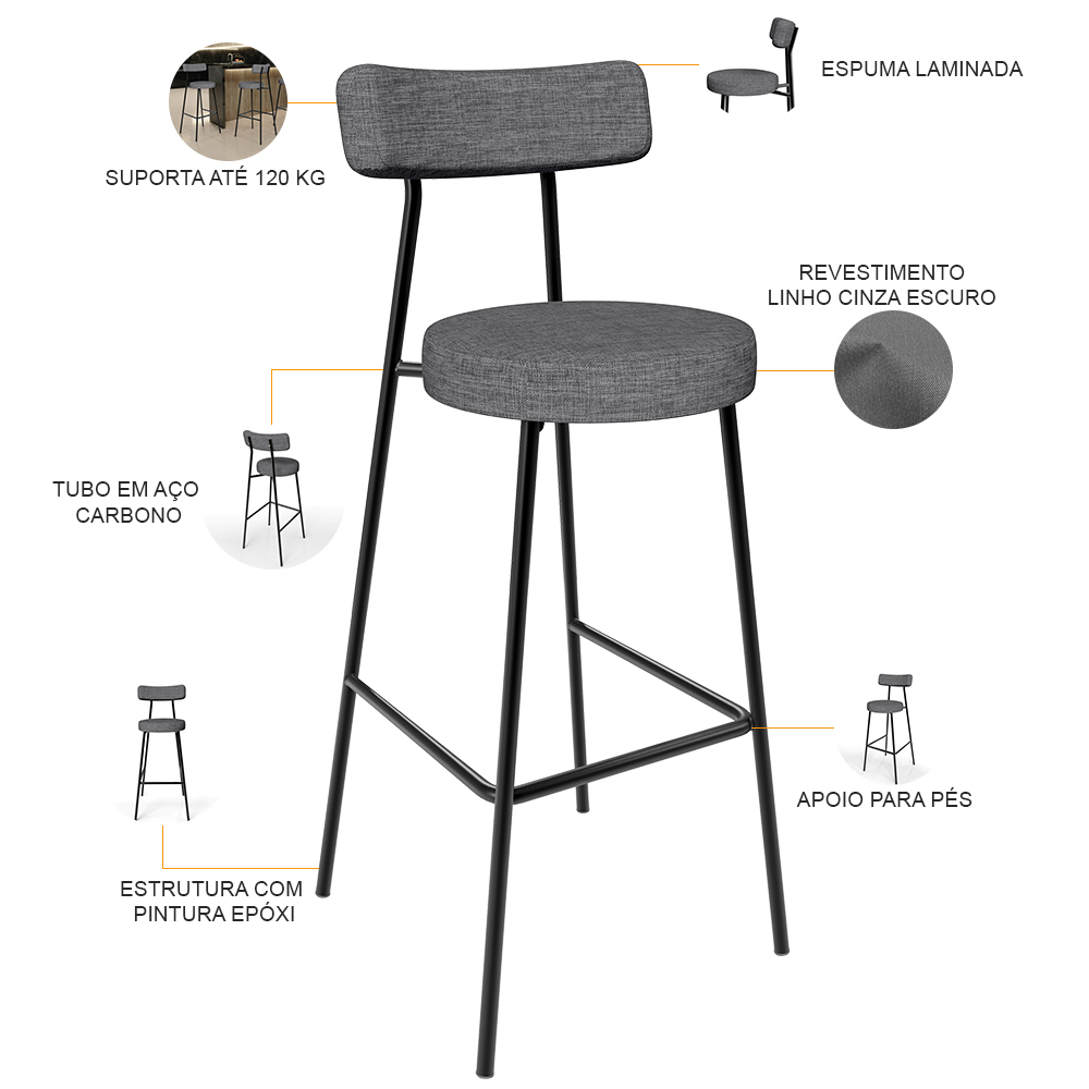 Banqueta Alta Bar Cozinha Sala De Jantar Estrutura Em Aço Milão L02 Linho Cinza Escuro - Lyam Decor
