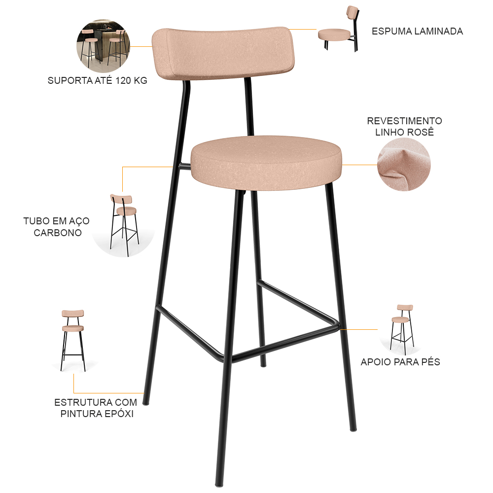 Banqueta Alta Bar Cozinha Sala De Jantar Estrutura Em Aço Milão L02 Linho Rosê - Lyam Decor