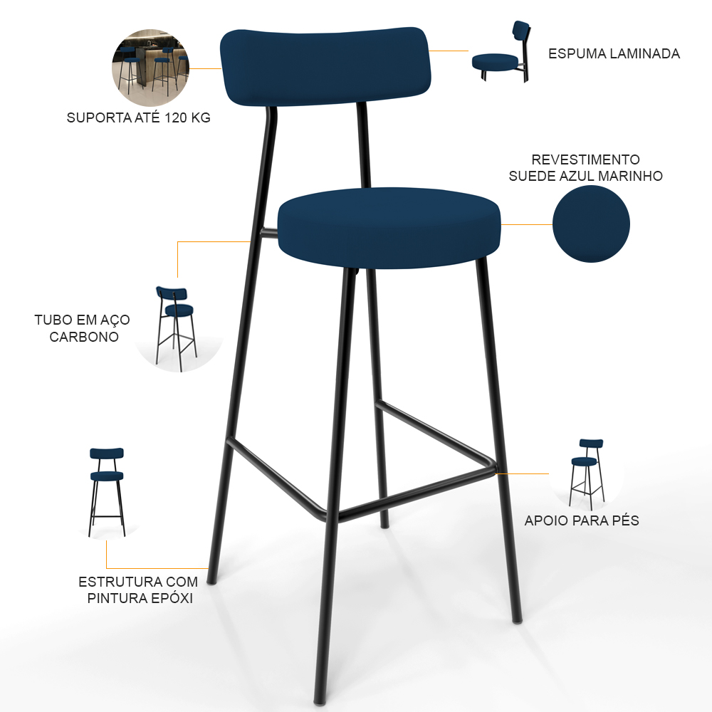 Banqueta Alta Bar Cozinha Sala De Jantar Estrutura Em Aço Milão L02 Suede Azul Marinho - Lyam Decor