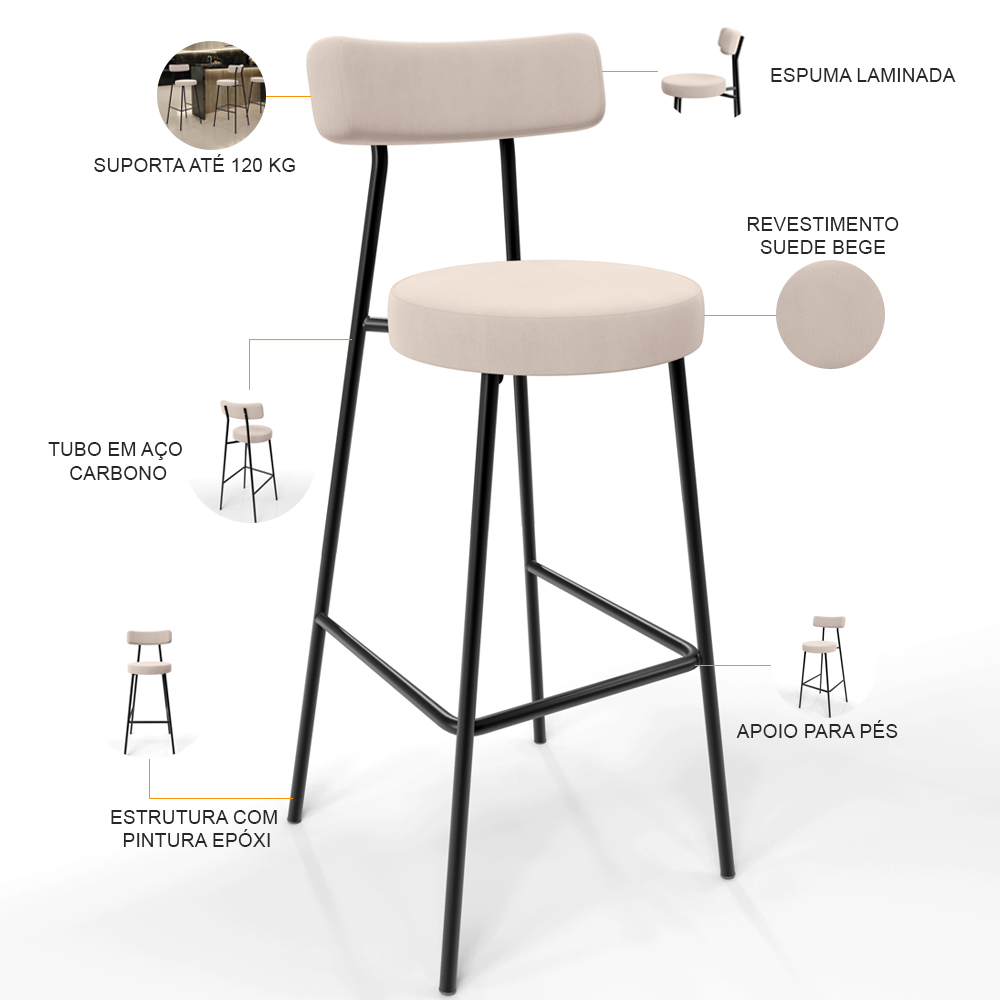 Banqueta Alta Bar Cozinha Sala De Jantar Estrutura Em Aço Milão L02 Suede Bege - Lyam Decor
