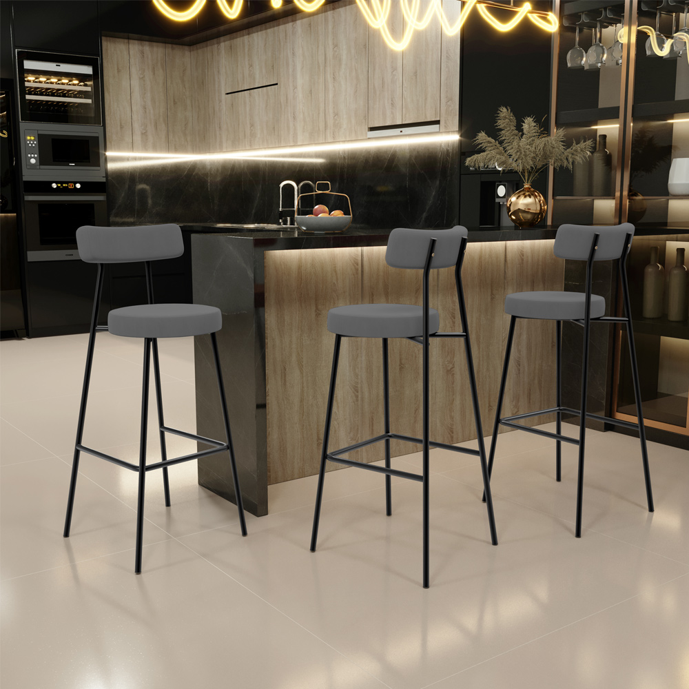 Banqueta Alta Bar Cozinha Sala De Jantar Estrutura Em Aço Milão L02 Suede Cinza - Lyam Decor