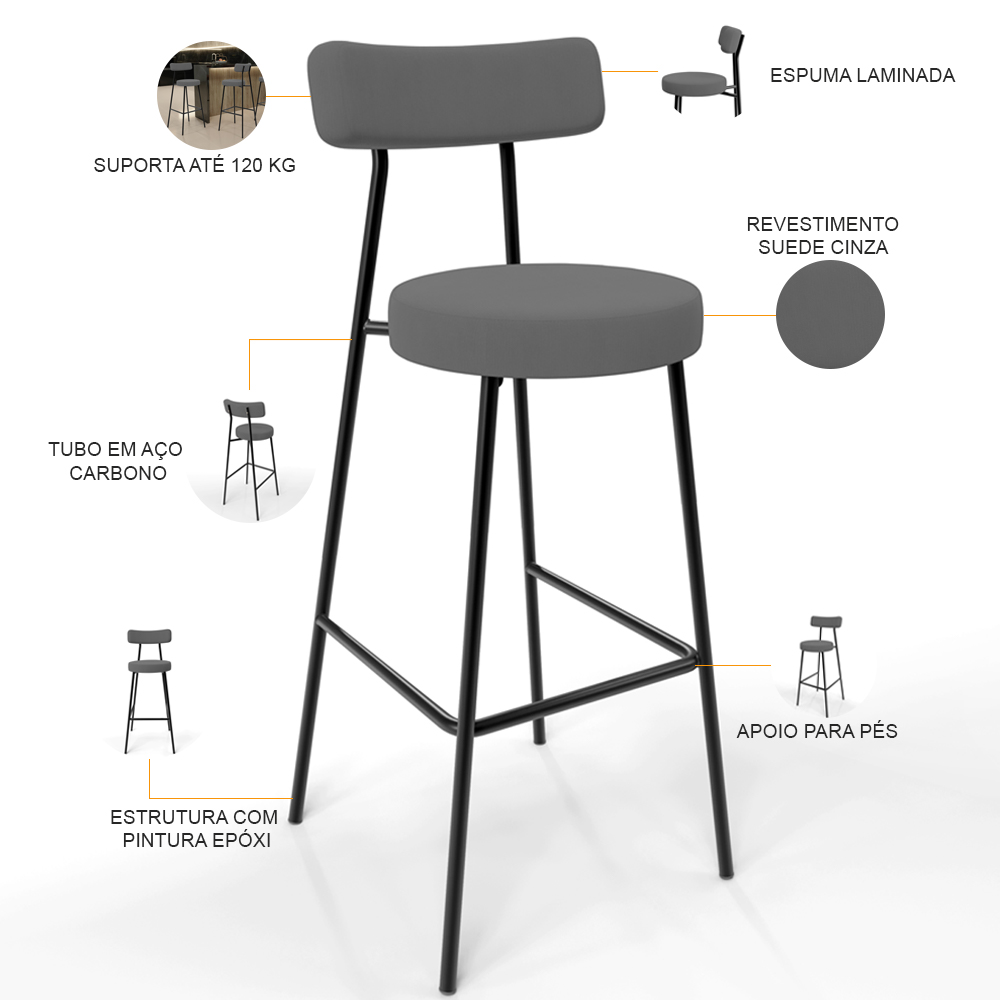 Banqueta Alta Bar Cozinha Sala De Jantar Estrutura Em Aço Milão L02 Suede Cinza - Lyam Decor