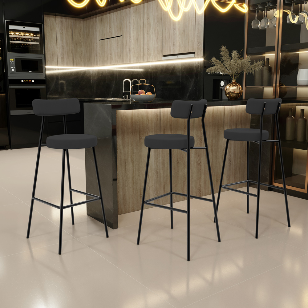 Banqueta Alta Bar Cozinha Sala De Jantar Estrutura Em Aço Milão L02 Suede Preto - Lyam Decor