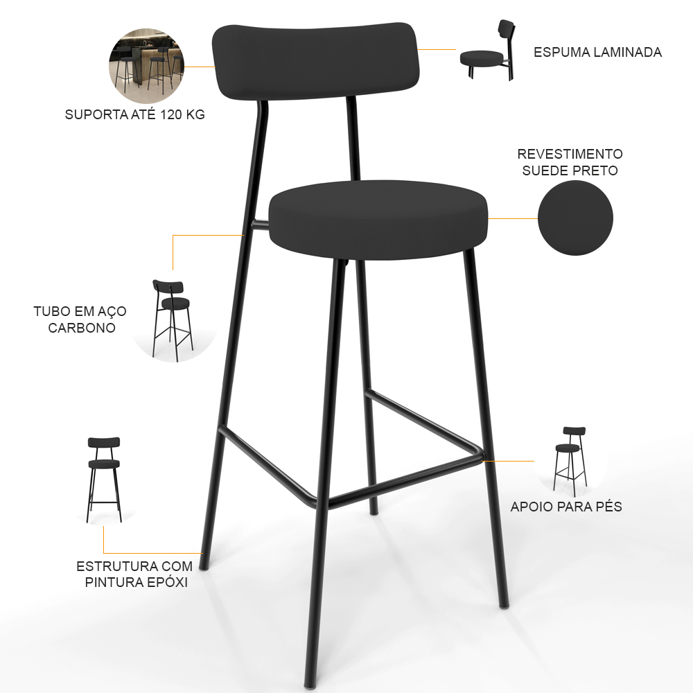 Banqueta Alta Bar Cozinha Sala De Jantar Estrutura Em Aço Milão L02 Suede Preto - Lyam Decor
