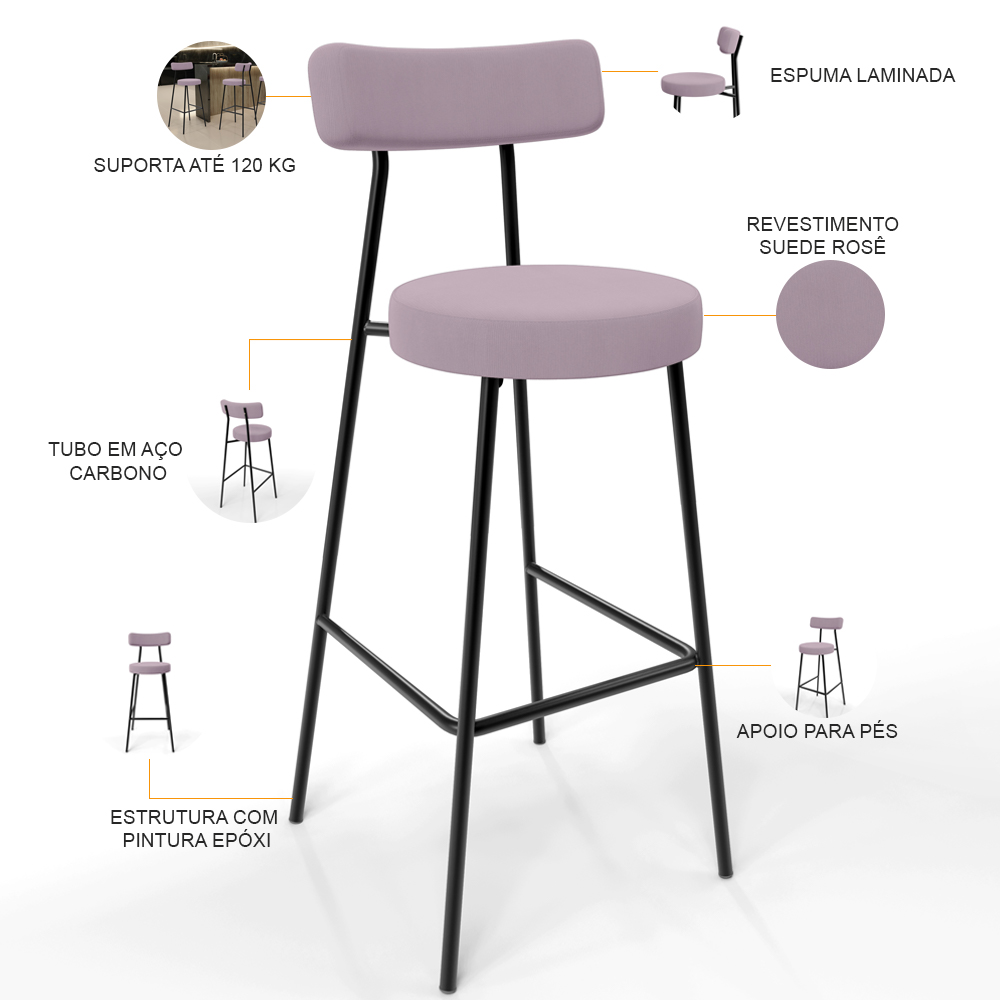 Banqueta Alta Bar Cozinha Sala De Jantar Estrutura Em Aço Milão L02 Suede Rosê - Lyam Decor