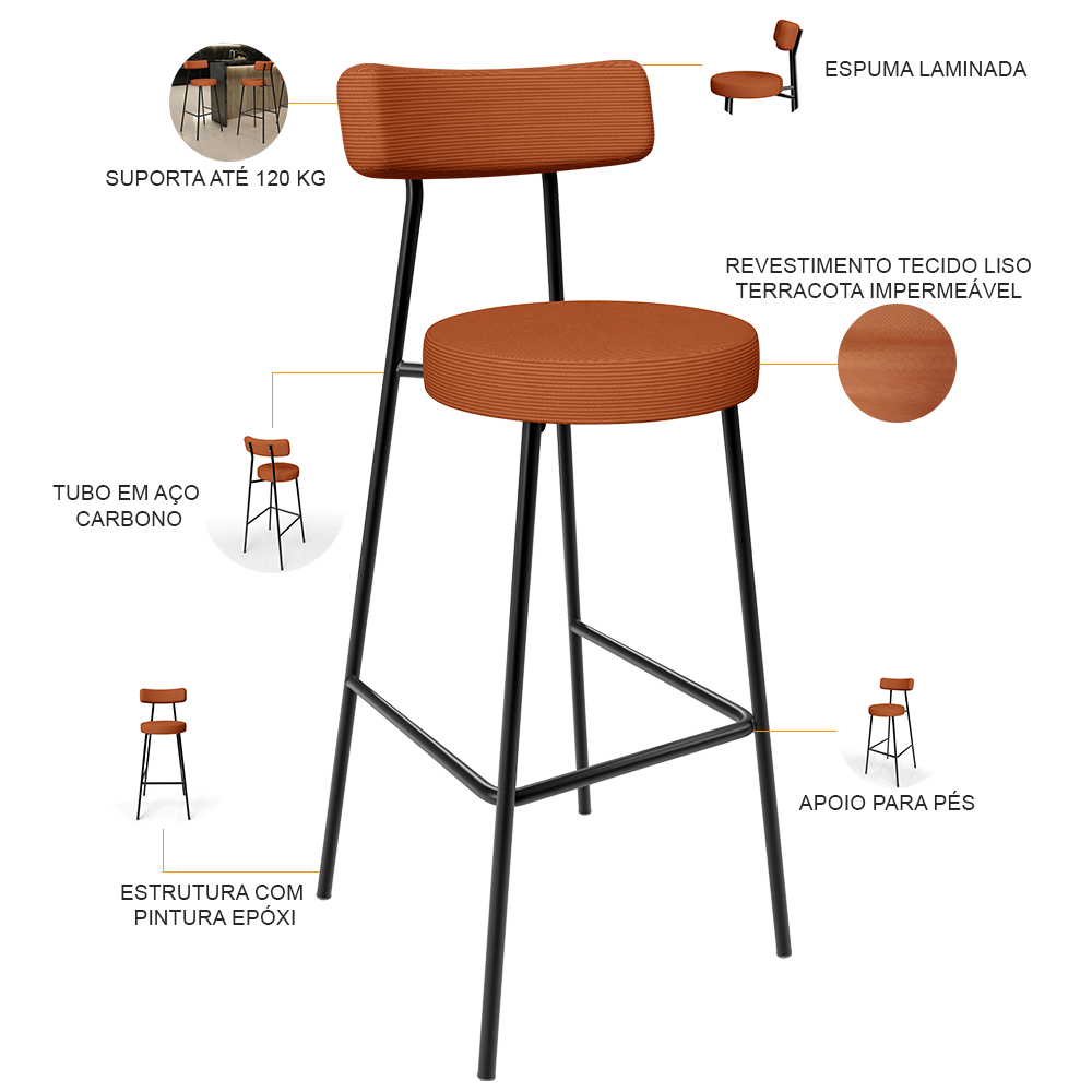Banqueta Alta Bar Cozinha Sala De Jantar Estrutura Em Aço Milão L02 Tecido Terracota - Lyam Decor