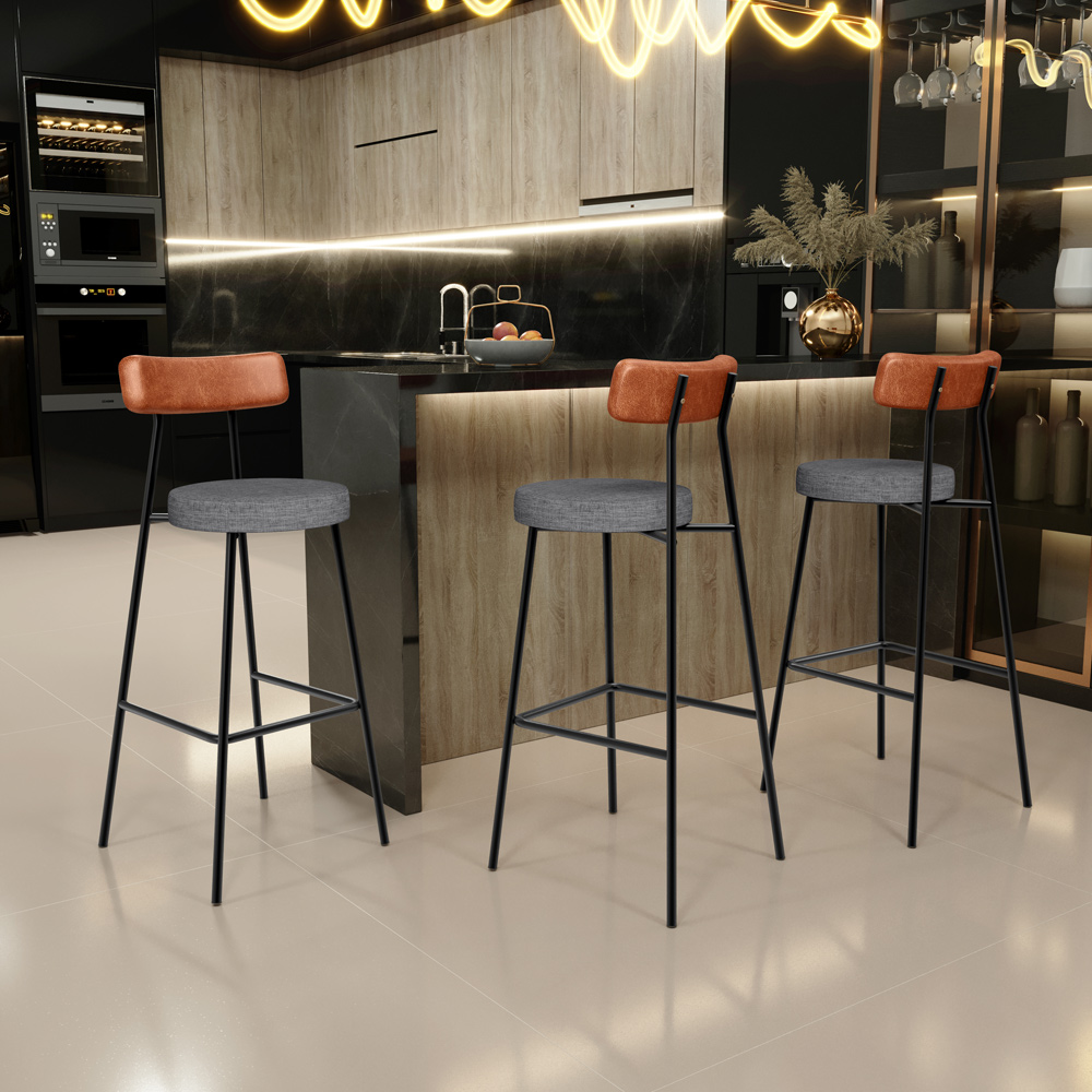 Banqueta Alta Bar Cozinha Sala De Jantar Milão L02 Couríssimo Camel Linho Cinza Escuro - Lyam Decor
