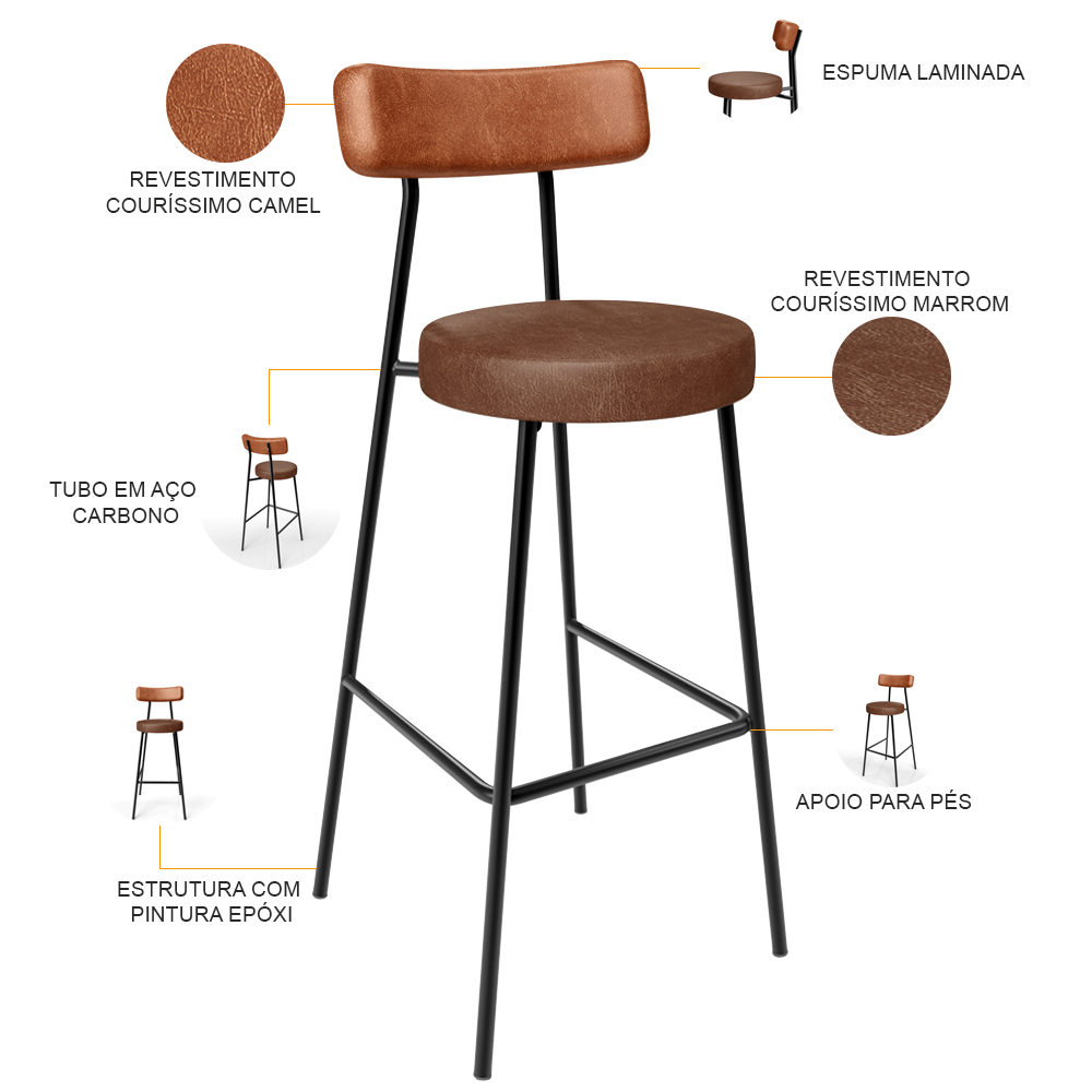 Banqueta Alta Bar Cozinha Sala De Jantar Milão L02 Couríssimo Camel Marrom - Lyam Decor