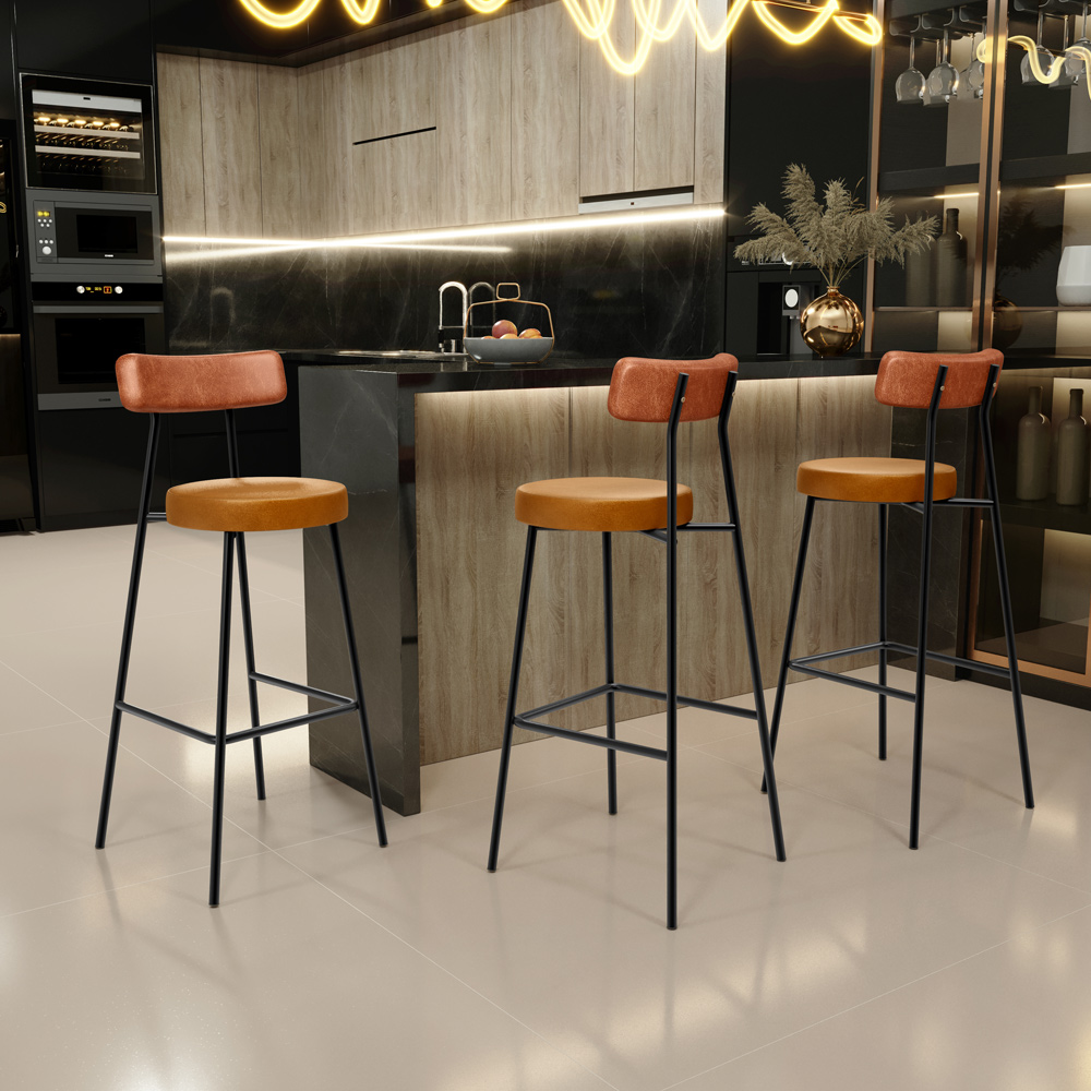 Banqueta Alta Bar Cozinha Sala De Jantar Milão L02 Couríssimo Camel Whisky - Lyam Decor
