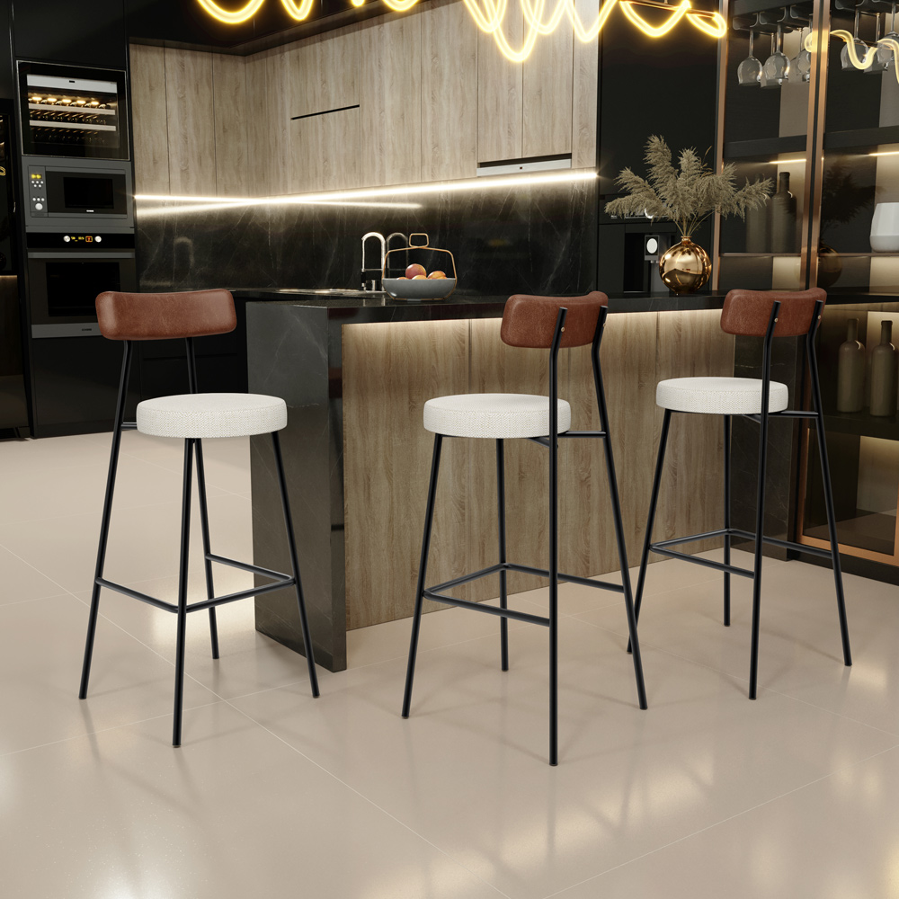Banqueta Alta Bar Cozinha Sala De Jantar Milão L02 Couríssimo Marrom Linho Champagne - Lyam Decor