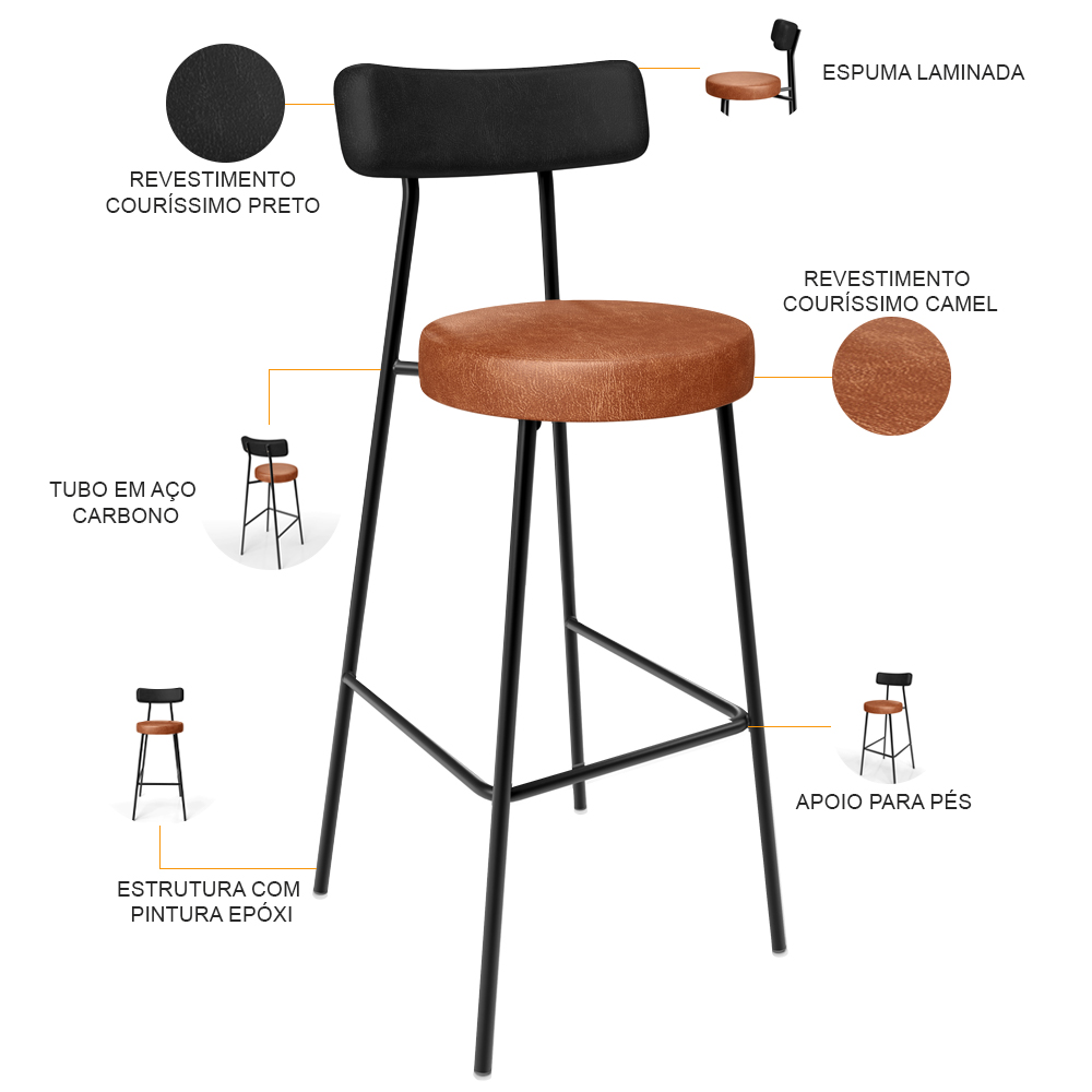 Banqueta Alta Bar Cozinha Sala De Jantar Milão L02 Couríssimo Preto Camel - Lyam Decor