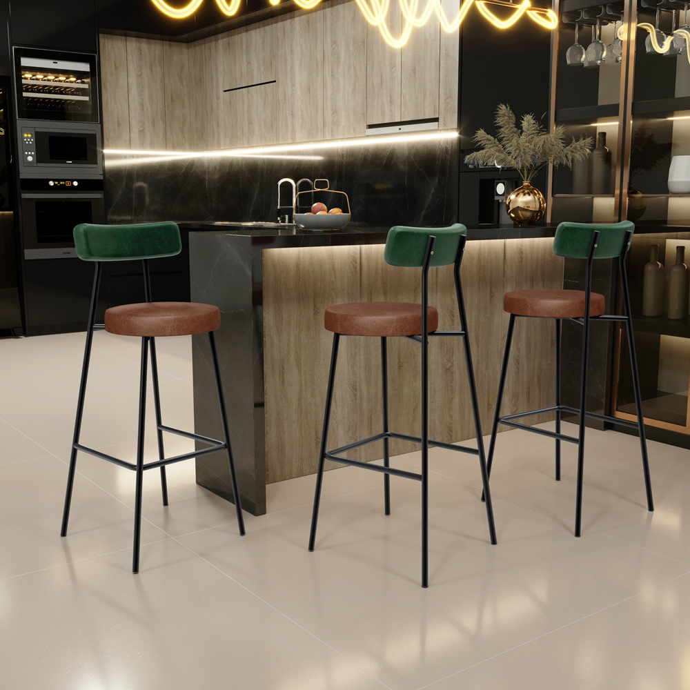 Banqueta Alta Bar Cozinha Sala De Jantar Milão L02 Facto Verde Musgo Couríssimo Marrom - Lyam Decor