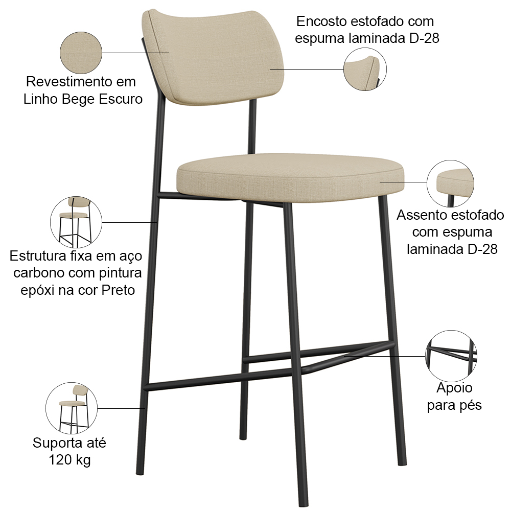 Banqueta Alta Bar Cozinha Sala De Jantar Preto Elira L02 Linho Bege Escuro - Lyam Decor