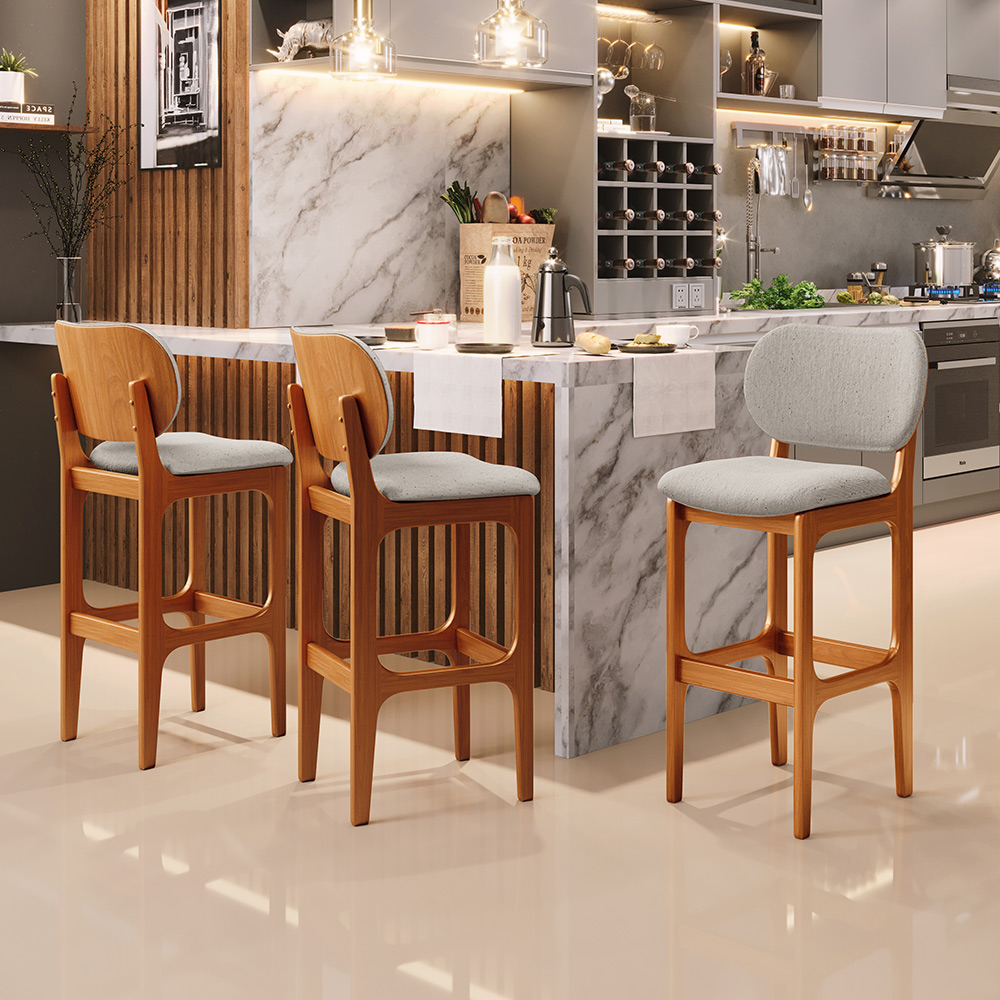 Banqueta Alta Bar Cozinha Sala Jantar Fixa Betta L02 Imbuia Linho Bege - Lyam Decor
