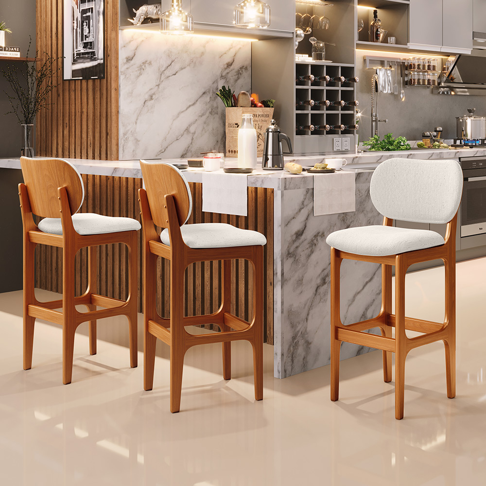 Banqueta Alta Bar Cozinha Sala Jantar Fixa Betta L02 Imbuia Linho Cru - Lyam Decor