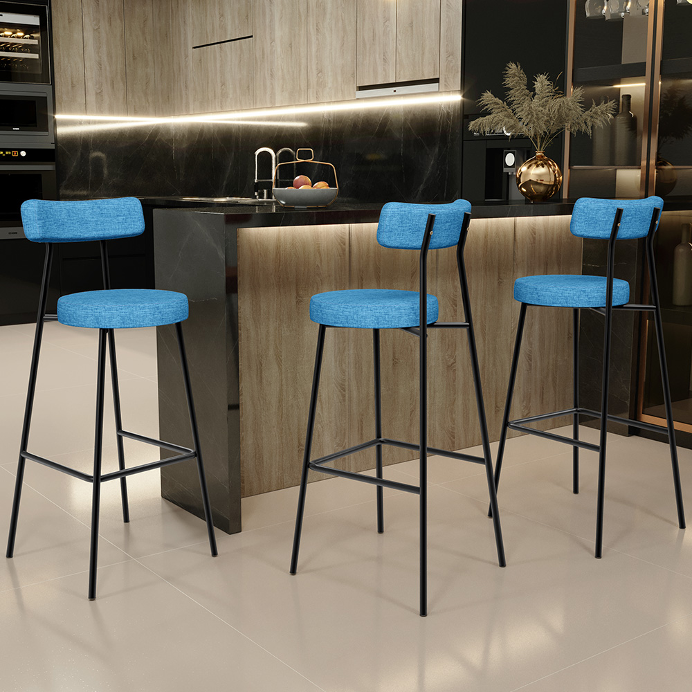 Banqueta Alta Bar Cozinha Sala de Jantar Estrutura em Aço Milão L02 Linho Azul - Lyam Decor