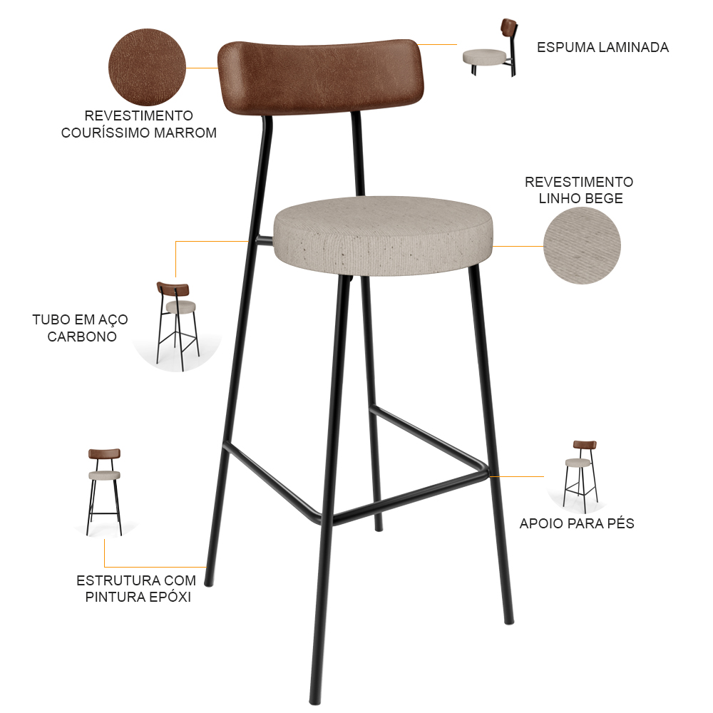 Banqueta Alta Cozinha Bar Sala De Jantar Milão L02 Couríssimo Marrom Linho Bege - Lyam Decor