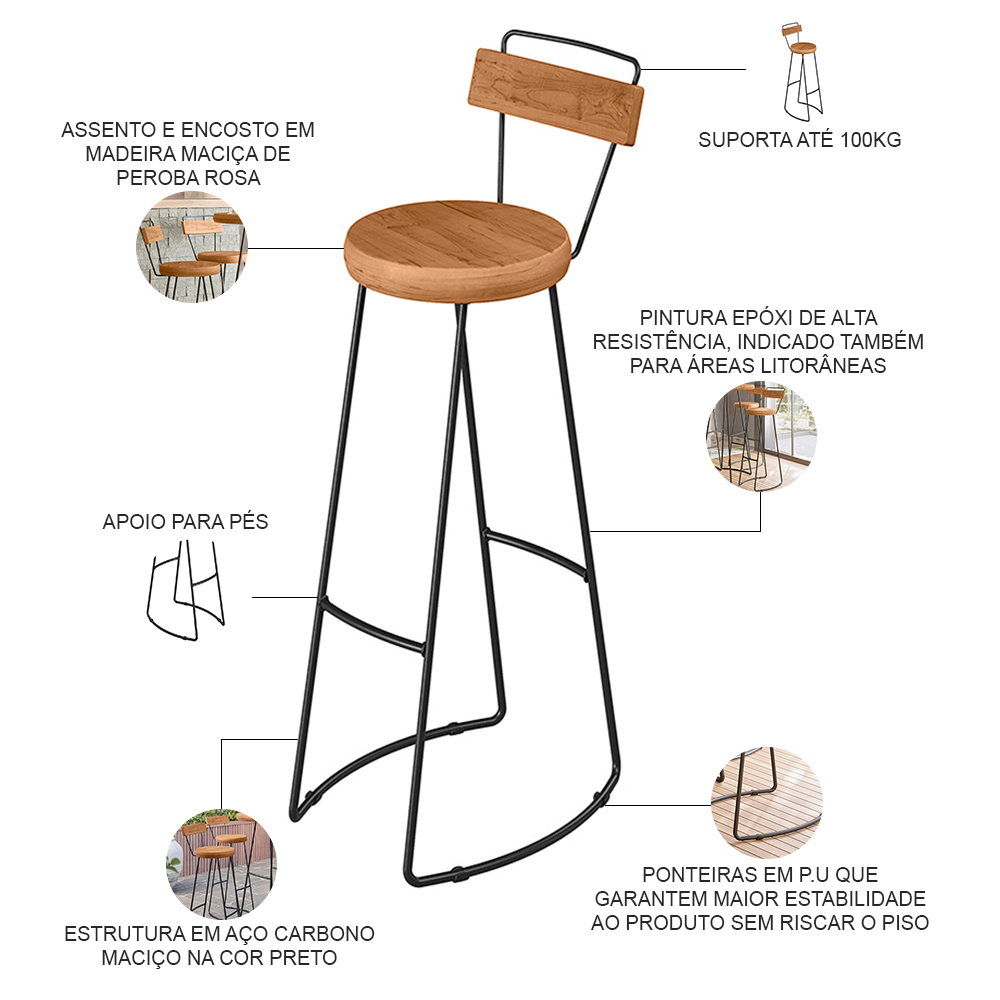 Banqueta Alta Cozinha Sala De Jantar Estrutura Em Aço Mahal D01 Peroba Rosa - Lyam Decor