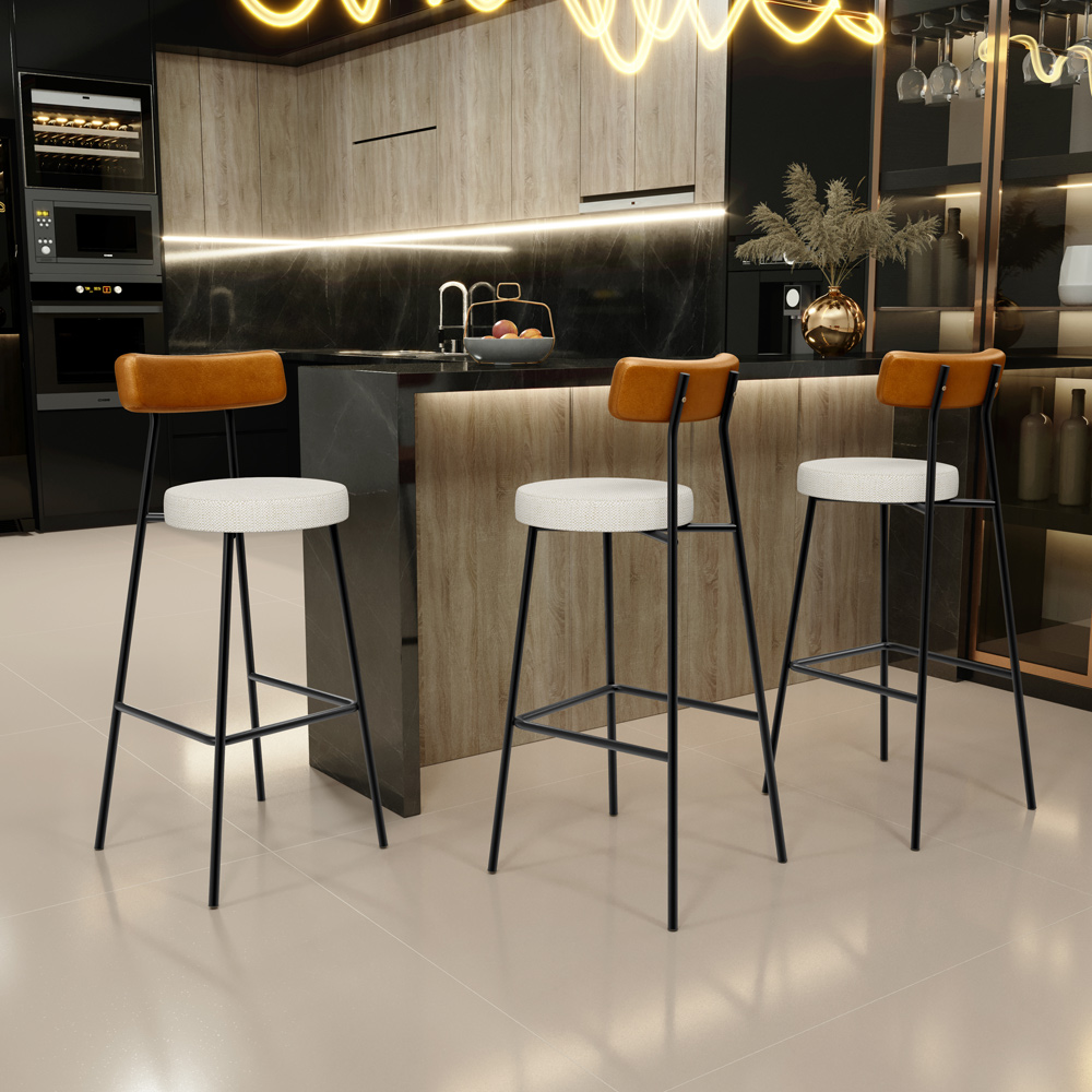Banqueta Alta Cozinha Sala De Jantar Milão L02 Couríssimo Whisky Linho Champagne - Lyam Decor