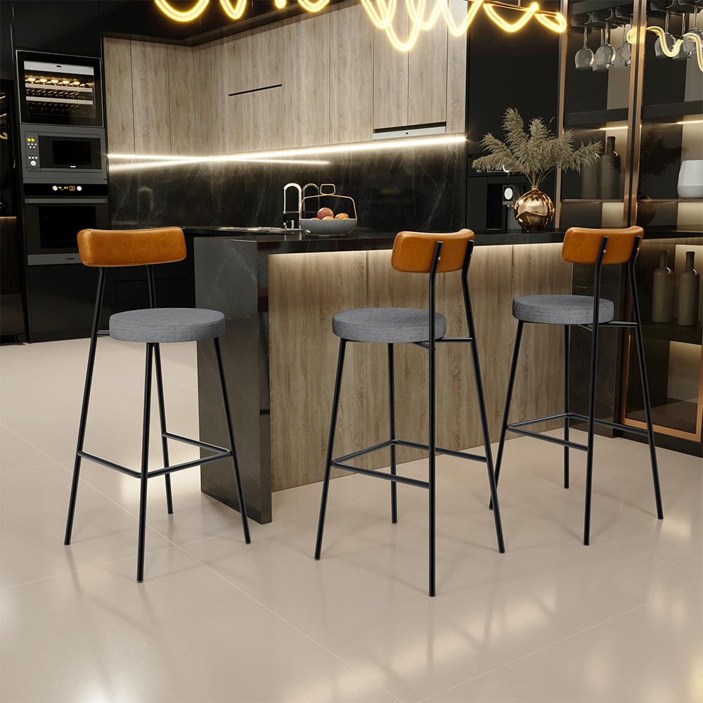 Banqueta Alta Cozinha Sala Jantar Aço Milão L02 Couríssimo Whisky Linho Cinza Escuro - Lyam Decor