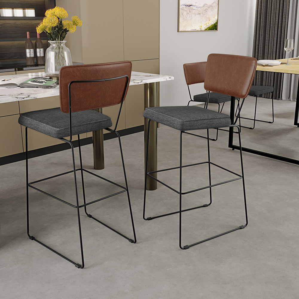 Banqueta Alta Cozinha Sala Jantar Fixa Allana L02 Couríssimo Marrom Linho Cinza Escuro - Lyam Decor