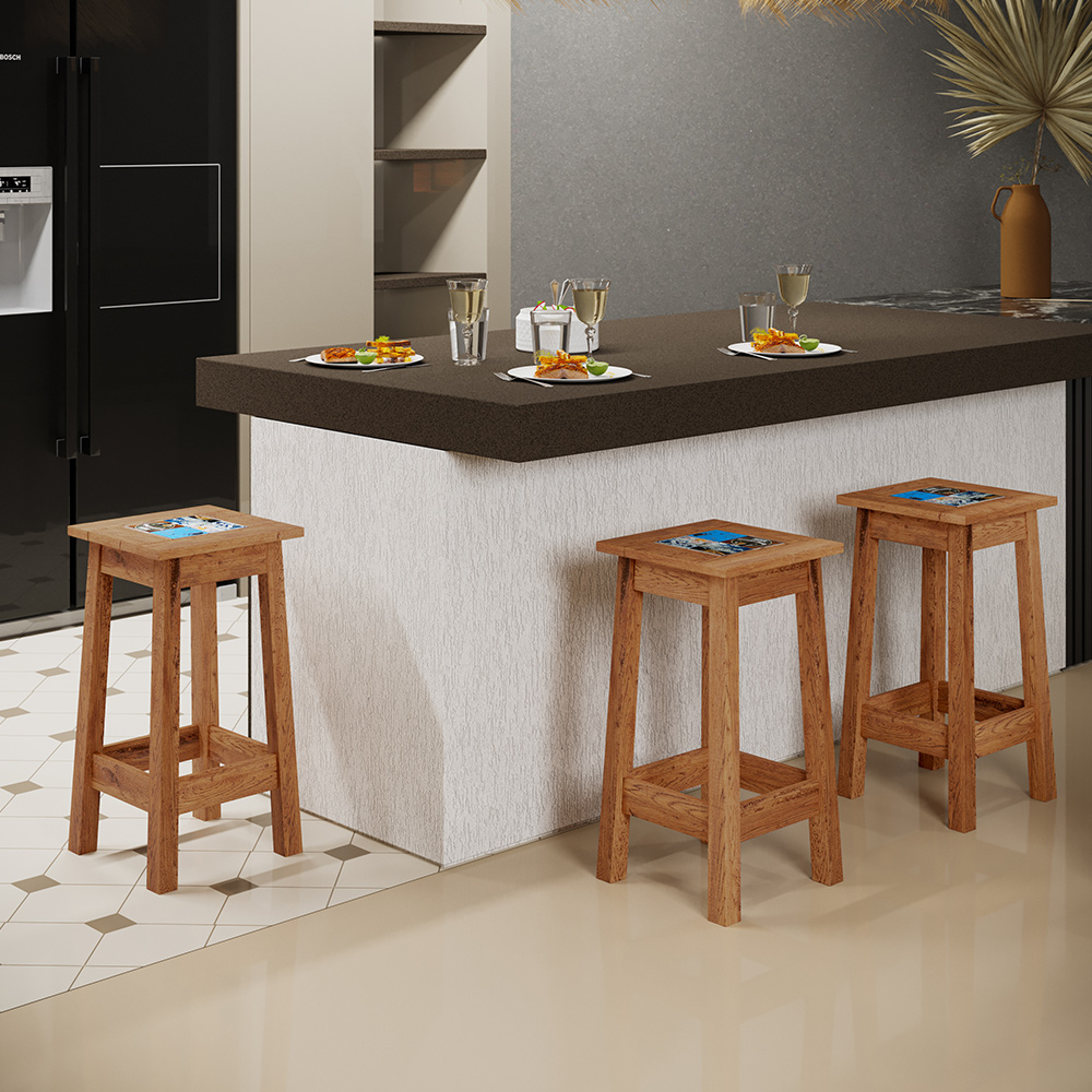 Banqueta Alta De Madeira Maciça Pinus Rústica Com Cerâmica Vintage W02 Imbuia - Lyam Decor