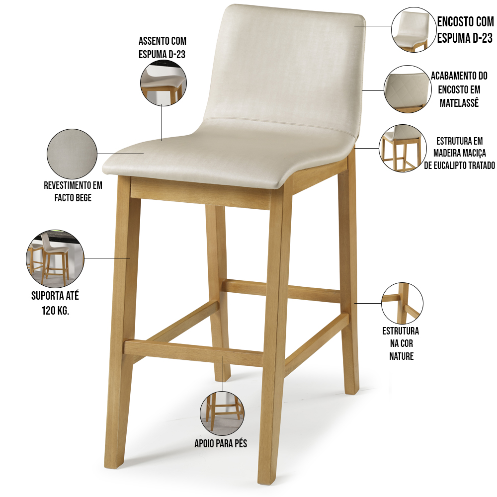 Banqueta Alta Estofada Para Cozinha Sala De Jantar Base Fixa Elis B05 Facto Bege - Lyam Decor