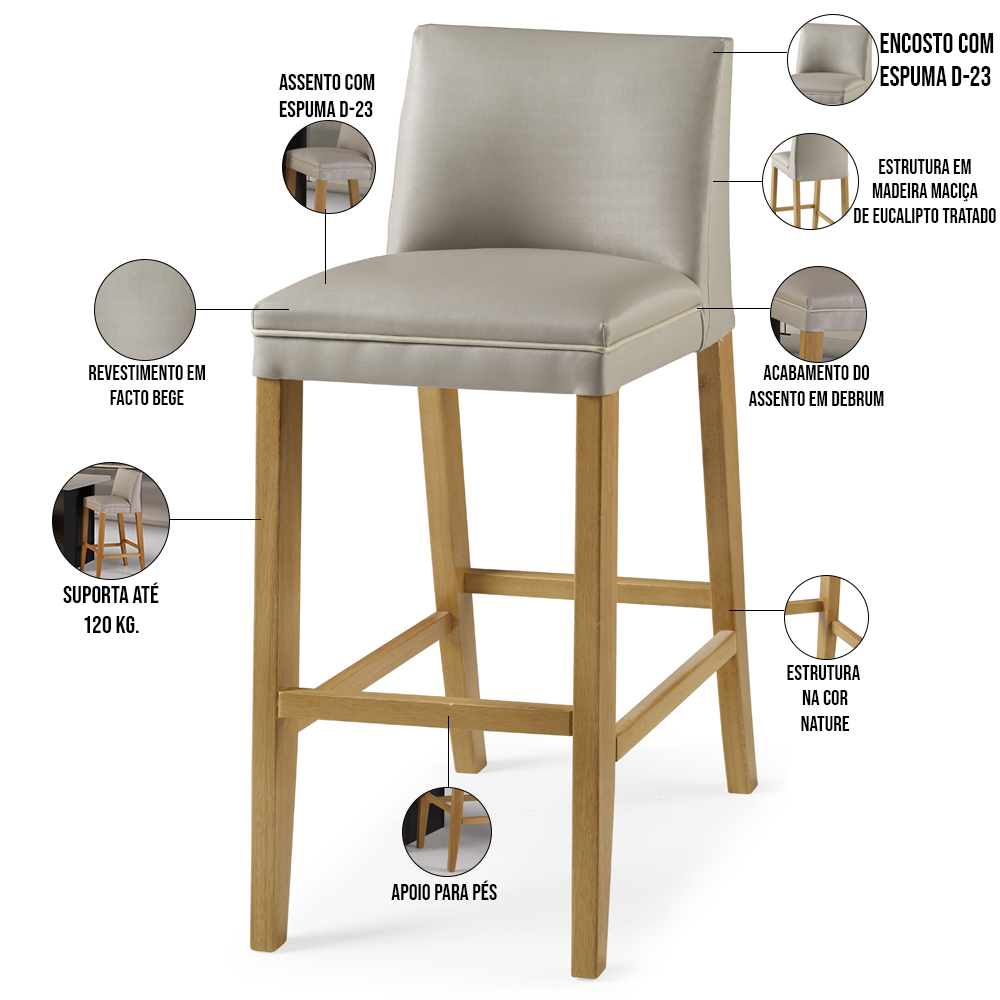 Banqueta Alta Estofada Para Cozinha Sala De Jantar Base Fixa Maitê B05 Facto Bege - Lyam Decor