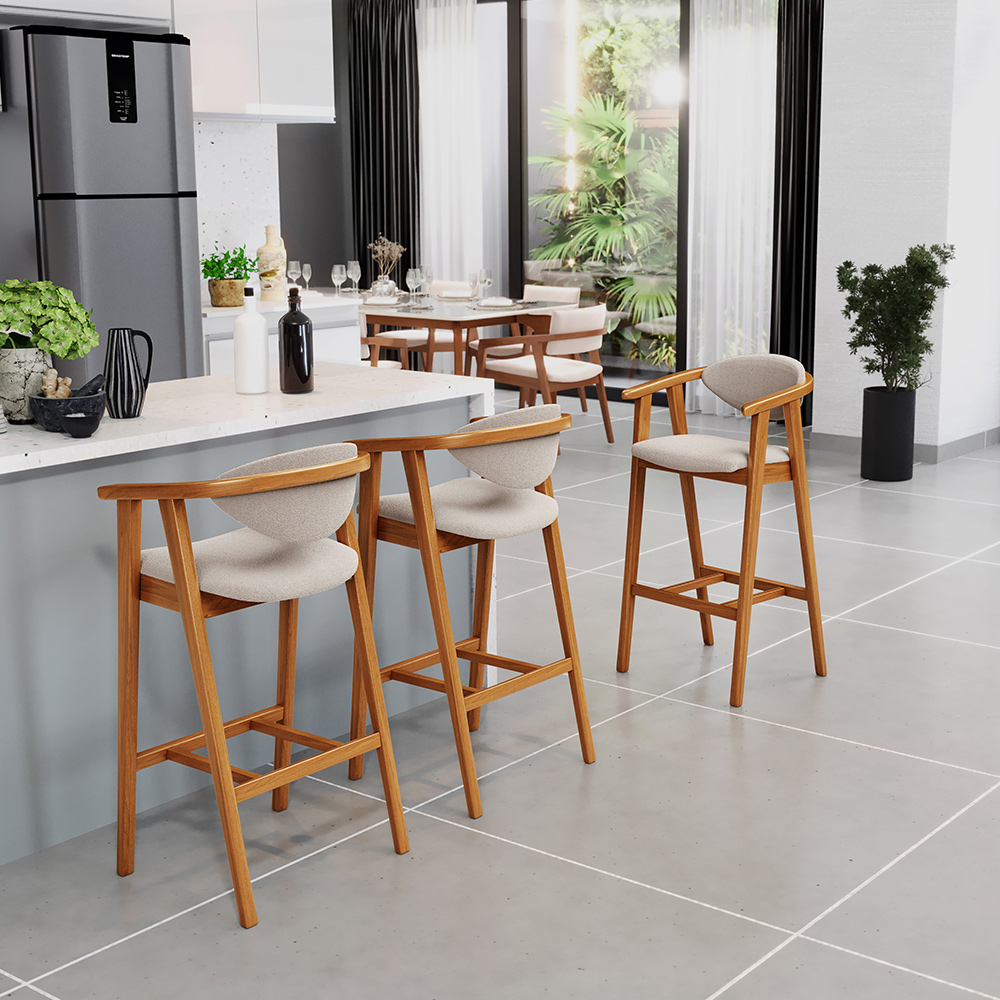 Banqueta Alta Para Cozinha Bancada Bar Sala de Jantar Fixa Cecília L02 Bouclê Creme - Lyam